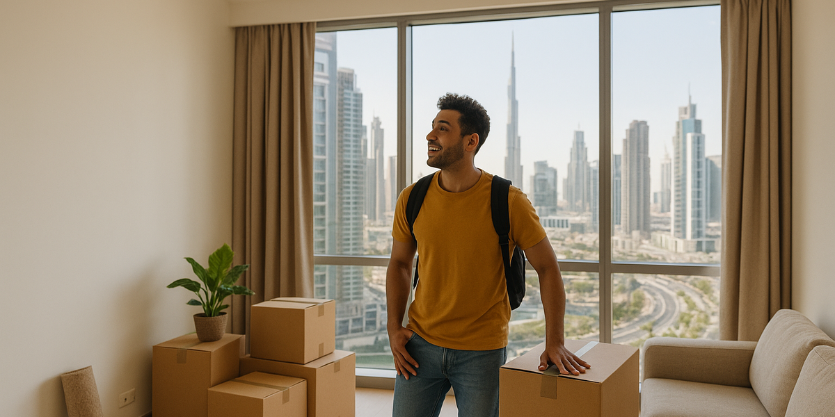 Young man moving into a shared apartment in Dubai